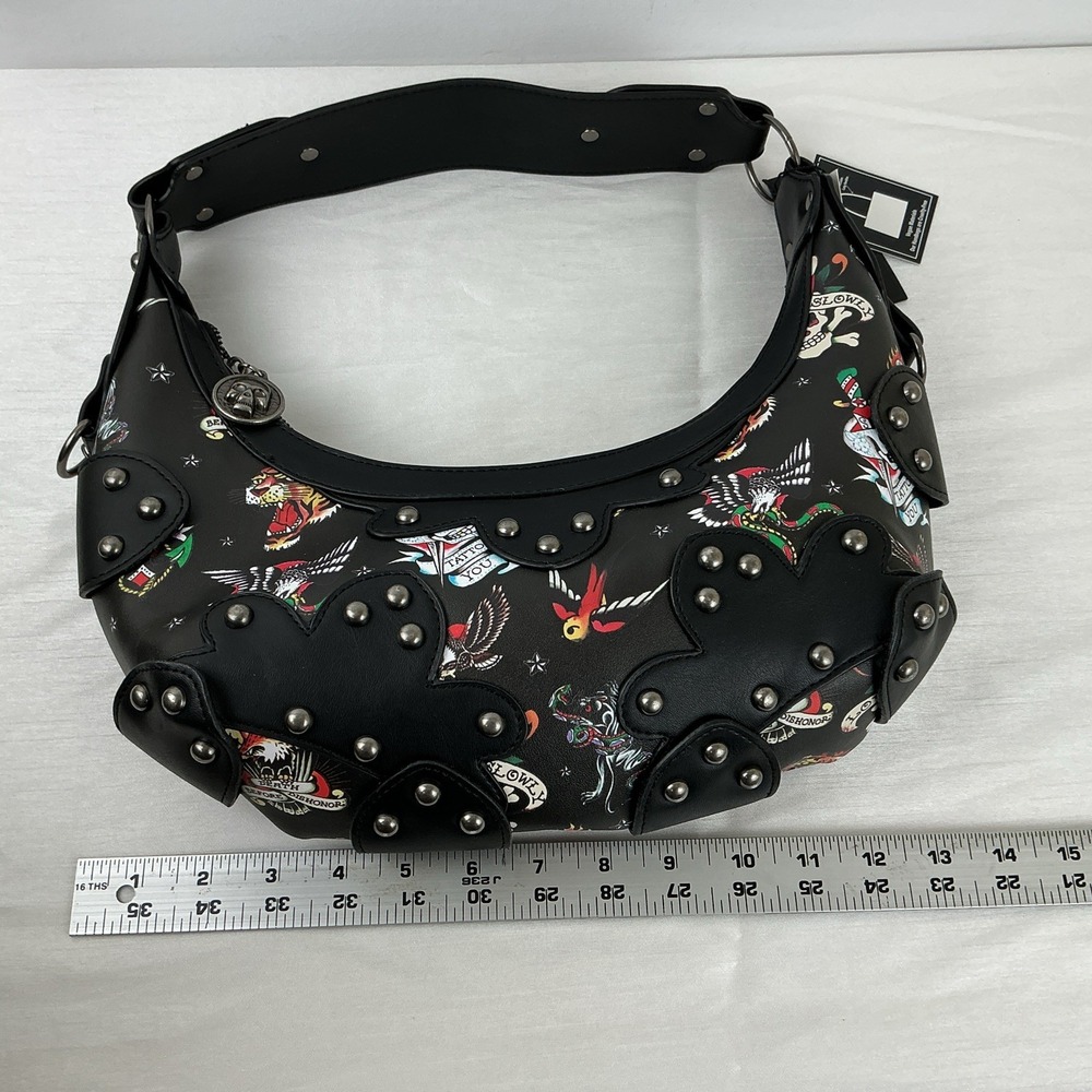 Ed Hardy Studded Tattoo Shoulder Bag Skull Tiger Rose Black Multicolor Goth NWT - Picture 8 of 10